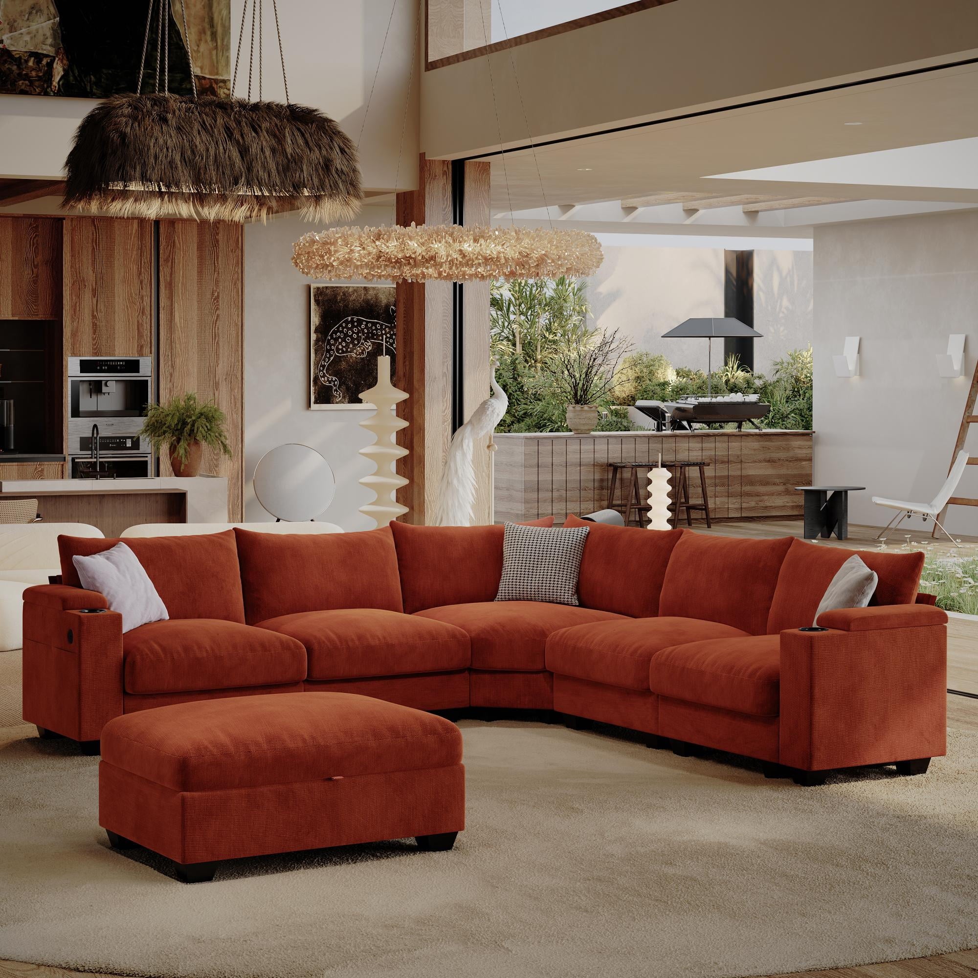 ZX Design 107.1" L-Shaped Modular Sectional Sofa, 6-Seater Deep Seat Couch with Storage Ottoman, Console, USB Type-C & Cup Holders for Living Room