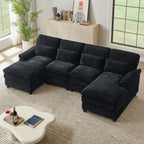  113" Sectional Sofa Oversized U Shaped Couch with Double Chaise,Cloud Couch with 4 Waist Pillows,Modern Linen Seating Furniture for Living Room Office Studio Apartment,Black