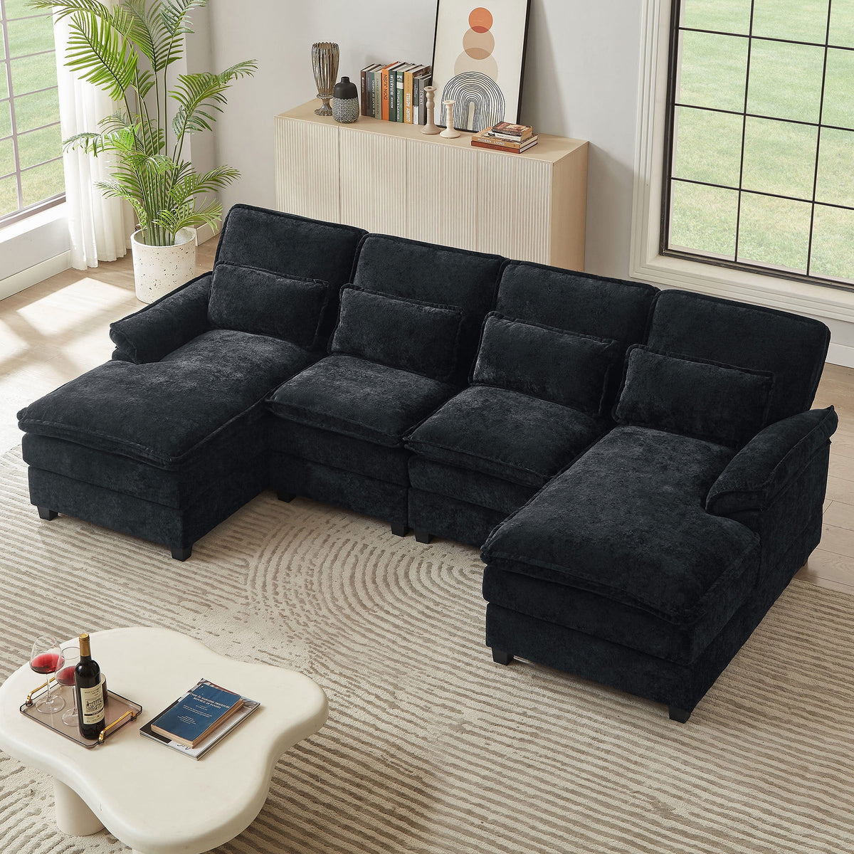  113" Sectional Sofa Oversized U Shaped Couch with Double Chaise,Cloud Couch with 4 Waist Pillows,Modern Linen Seating Furniture for Living Room Office Studio Apartment,Black