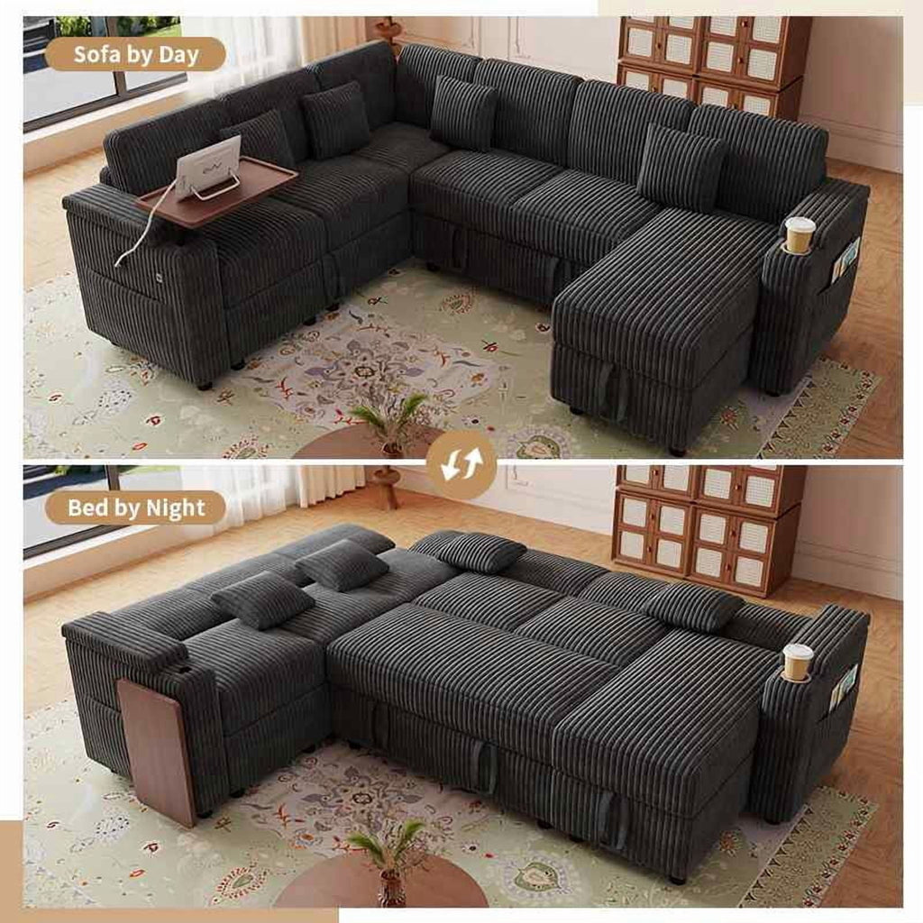 FFH 100" Modular Sectional Sofa with Pull Out Bed, Large Storage, USB Ports, Table Board, Modern Sleeper Couch Bed for Living Room, Corduroy Dark Gray
