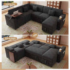 FFH 100" Modular Sectional Sofa with Pull Out Bed, Large Storage, USB Ports, Table Board, Modern Sleeper Couch Bed for Living Room, Corduroy Dark Gray