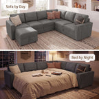 Marrber 7 Pieces Oversized Modular Sectional Sleeper Sofa with Pull-Out Bed and Storage Seats for Living Room, Linen Grey