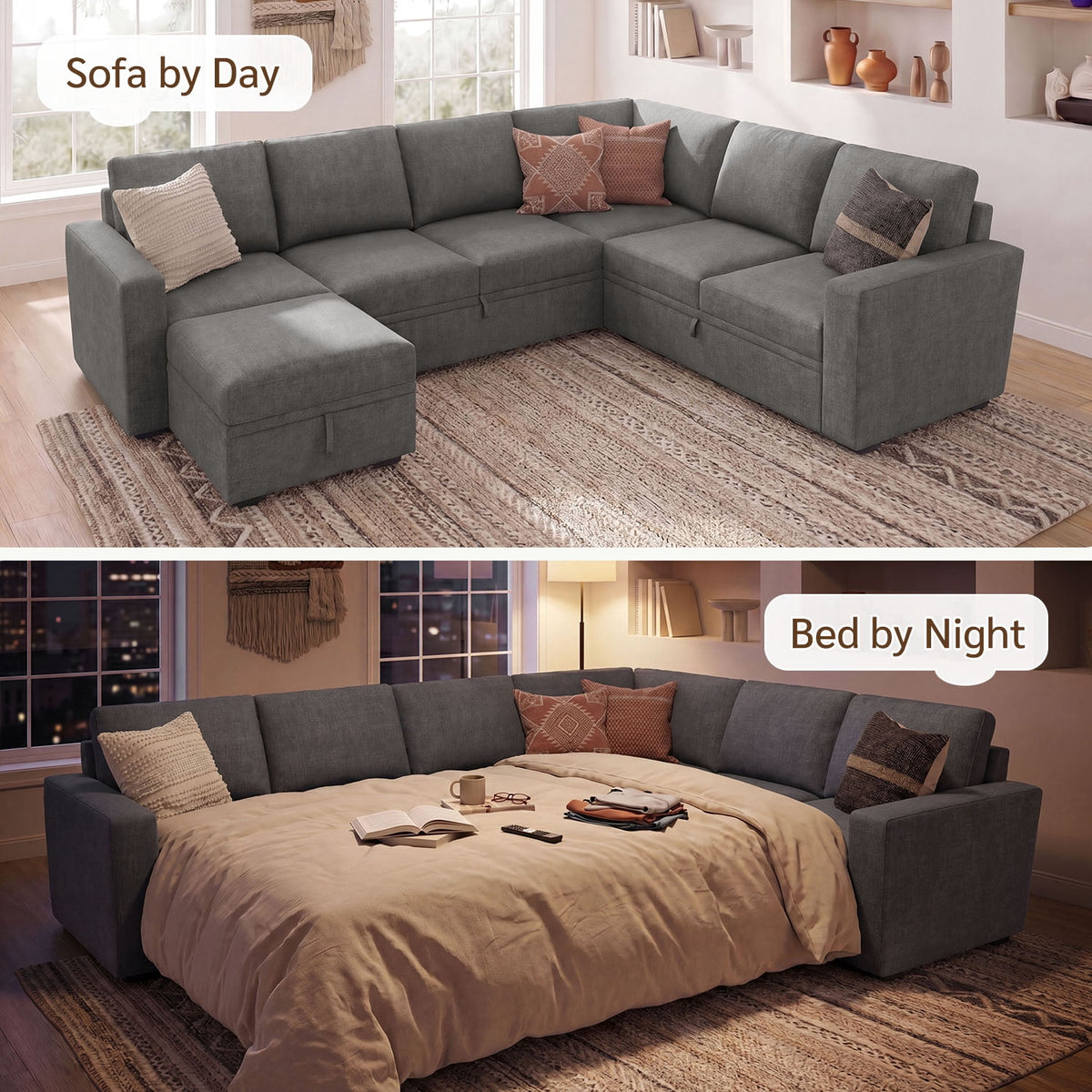 Marrber 7 Pieces Oversized Modular Sectional Sleeper Sofa with Pull-Out Bed and Storage Seats for Living Room, Linen Grey