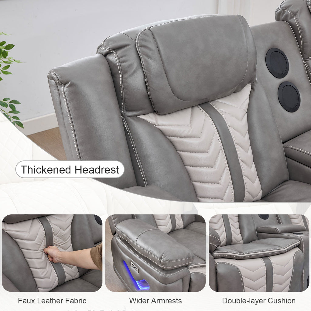 Power Reclining L-Shaped Sectional Sofa with LED Lights, Speakers, Cup Holders, Grey Faux Leather