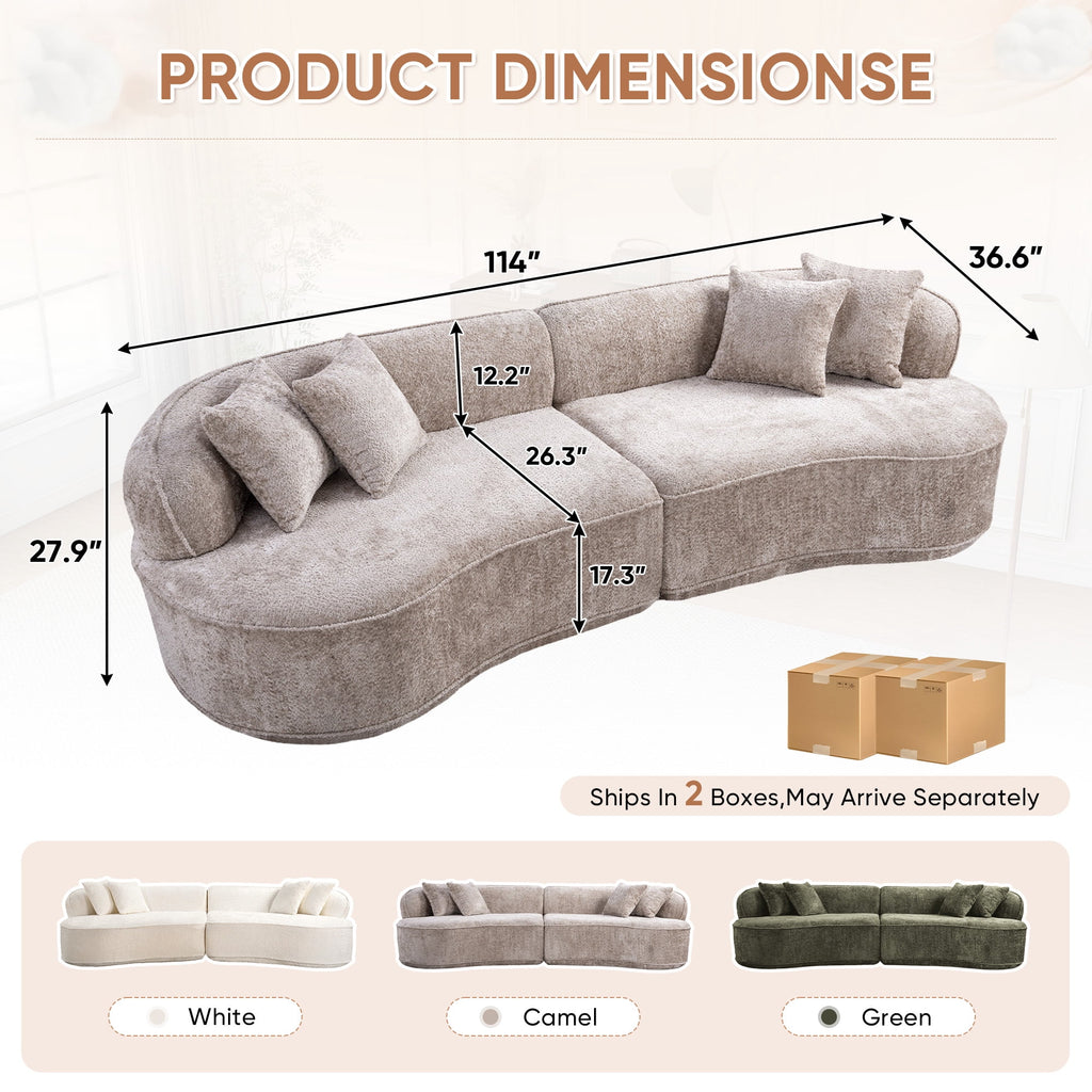 Muumblus 114" Oversized Curved Sofa, Modern Sectional Boneless Cloud Couch, No Assembly Required Floor Sofa for Living Room, Camel Boucle