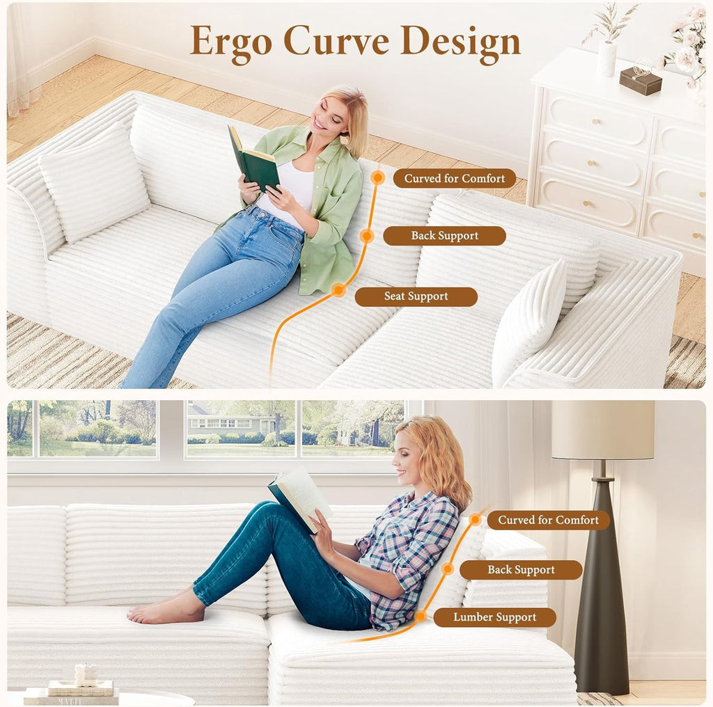  106" Modular Sectional Sofa with Chaise, Deep Seat Comfy Cloud Couch Corduroy L Shaped Sofa Sectional Couches for Living Room Bedroom, No Assembly Required (Beige, Right-Facing Chaise)