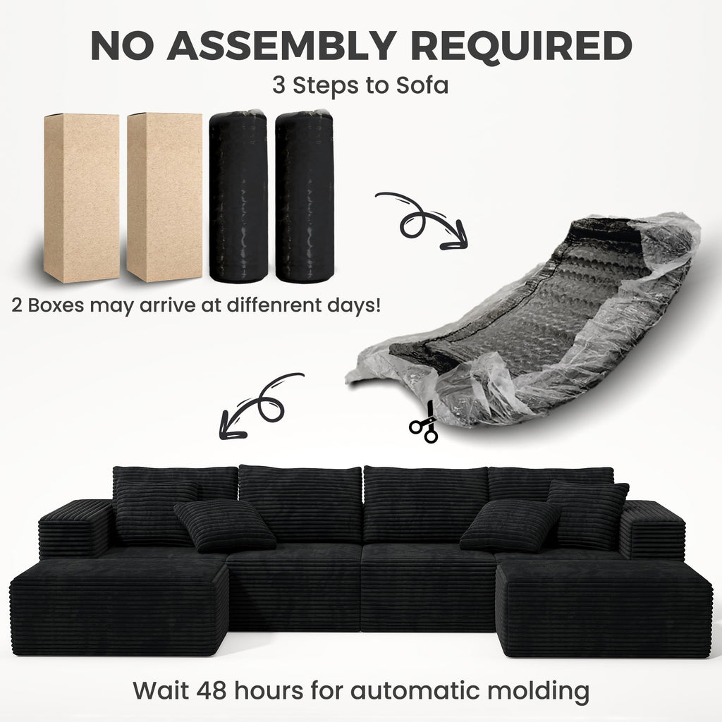 137" U-Shaped Sectional Sofa with Chaise, Modular Cloud Sectional Couch with Deep Seat for Living Room, Modern Boneless Couch with Back Cushion, Pillow, Ottoman, No Assembly Required, Corduroy Fabric