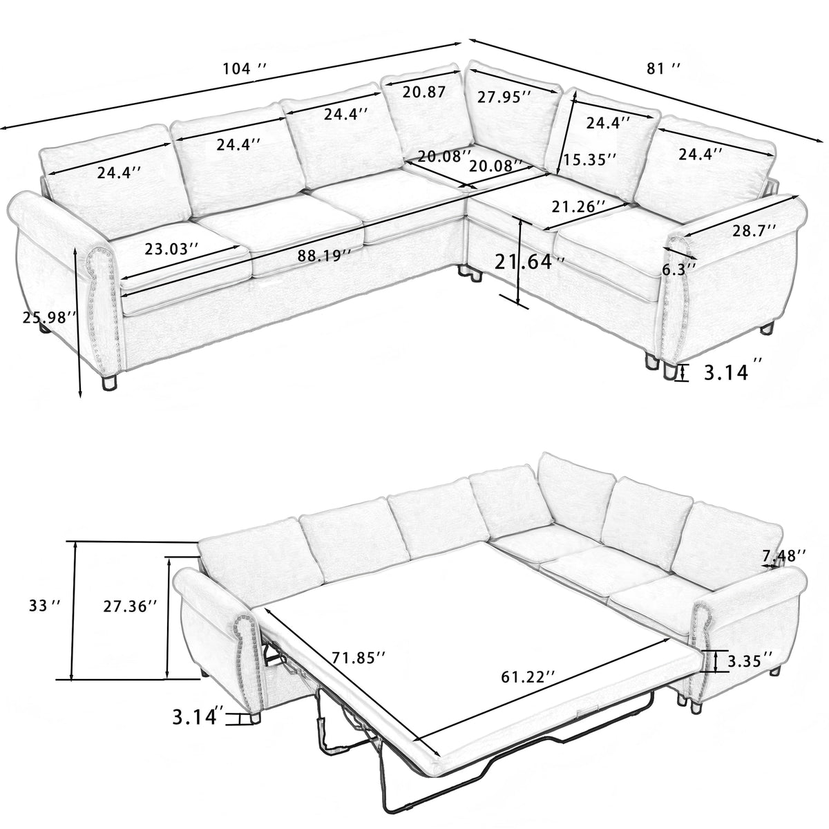  Sectional Sofa, Pull Out Sofa Bed Queen Size, 6 Seat Sofa Couch Convertible Sleeper Sofa Bed for Living Room Gray