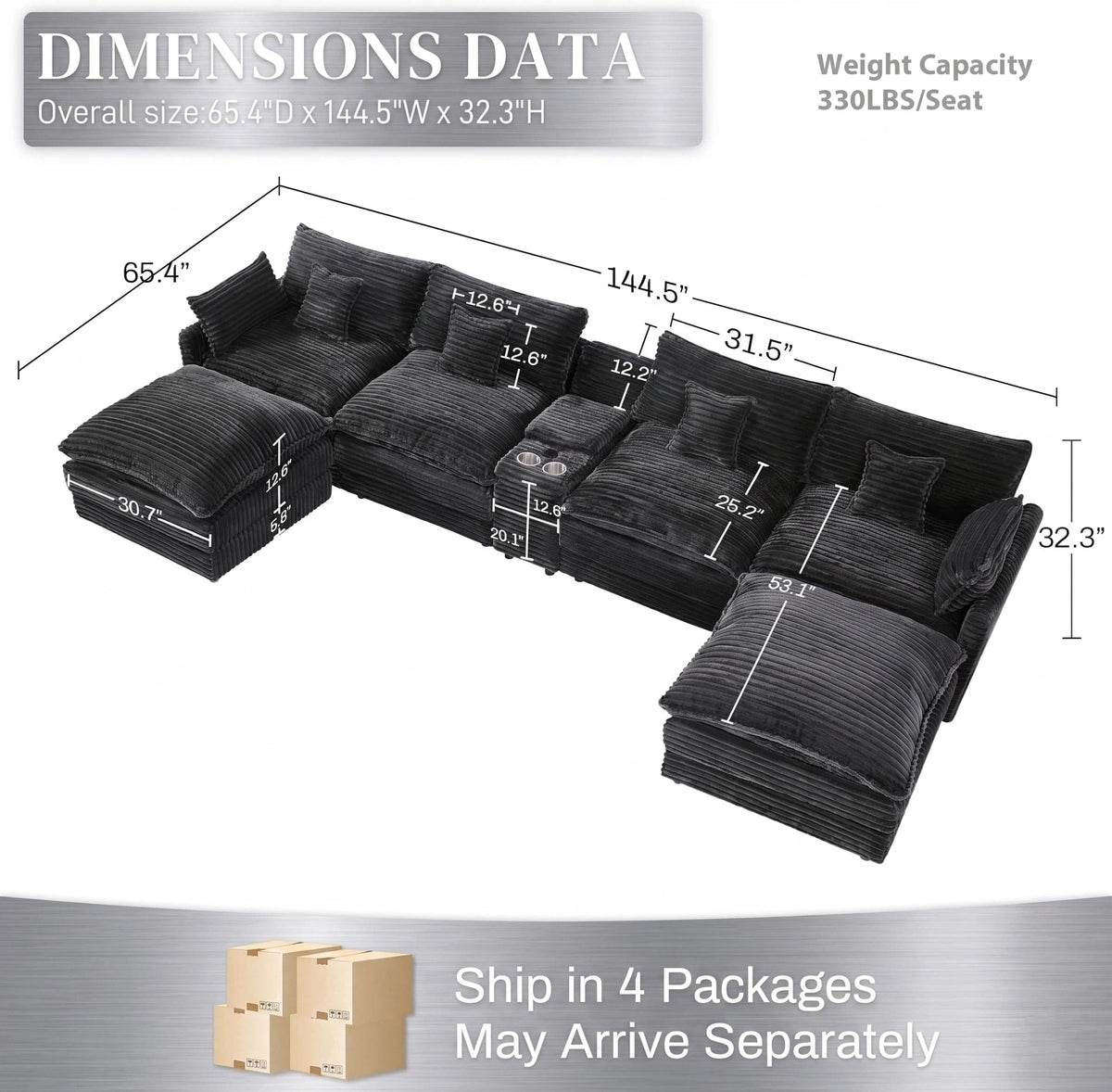 ANPPORT 145" U Shaped Cloud Modular Sectional Sofa, Corduroy Deep Seat Couch with Storage Console, USB Ports & Cup Holders for Living Room, Gray