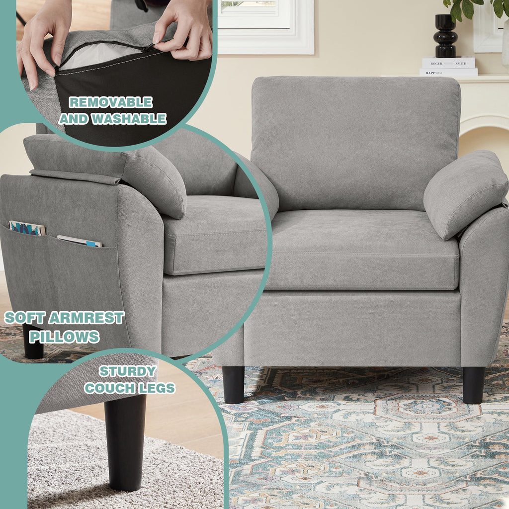  Chireca 4 Piece Convertible Sectional Sofa Set, Modern Linen Small L Shaped Couch with Reversible Chaise, 3-Seater Sofa & Loveseat & Armchair for Living Room, Office, Apartment, Lightgrey