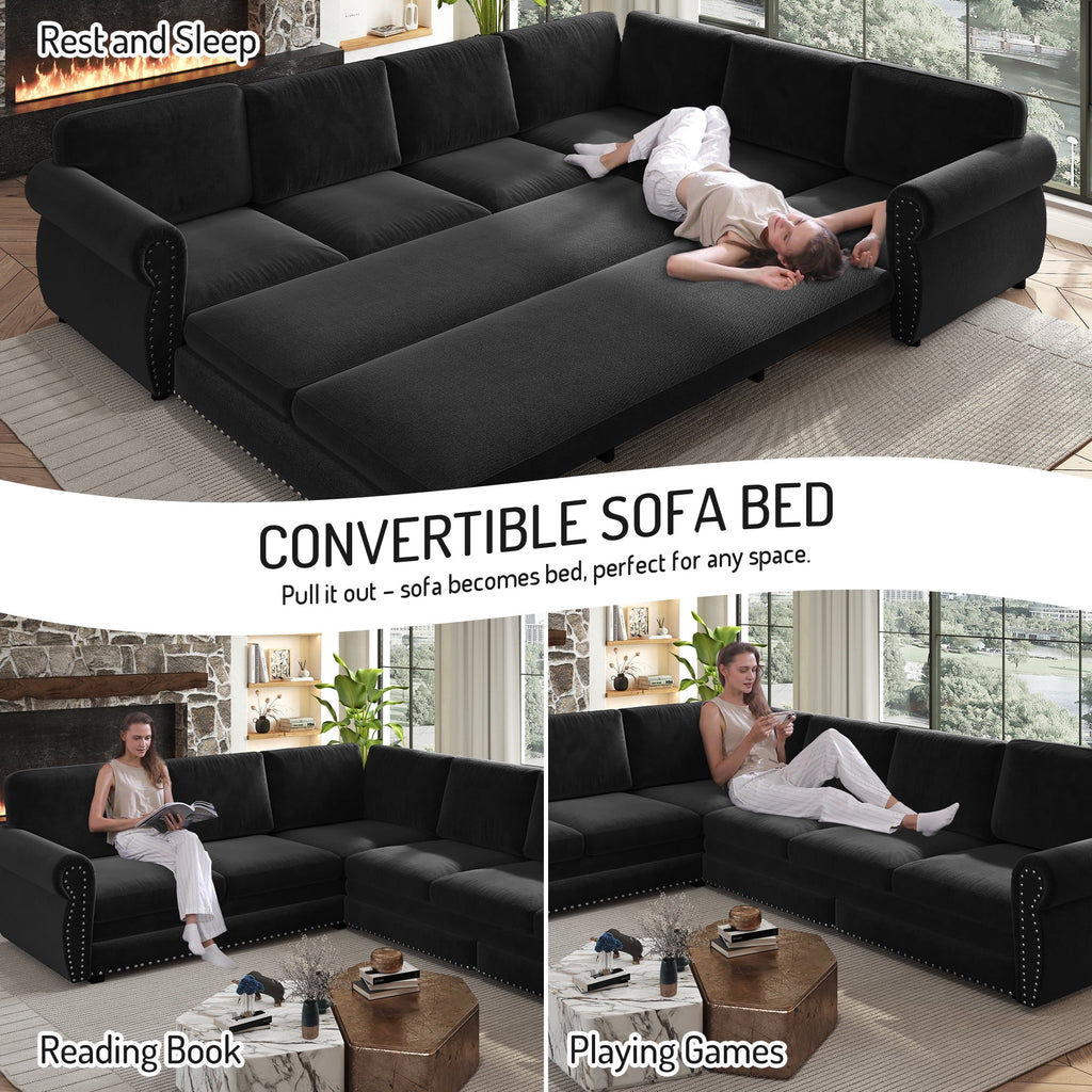  Sectional Sofa Couch, Oversized Chenille Sofa with Pull Out Sofa Bed for Living Room Black