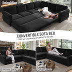  Sectional Sofa Couch, Oversized Chenille Sofa with Pull Out Sofa Bed for Living Room Black