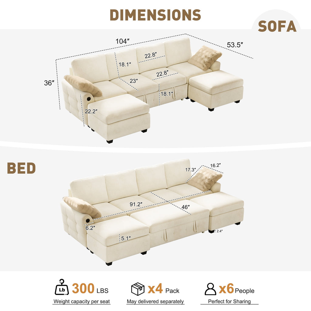 104" Large Modular Sectional Sleeper Sofa with Pull Out Bed, USB Charging & Storage Ottoman, U Shaped Couch for Living Room, Chenille Beige
