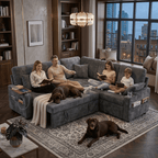 EPOWP 81" Modular Sectional Sleeper Sofa, L Shaped 5-Seater Couch with Pull Out Bed, Large Storage Chaise, USB Charging Ports & Cup Holders, Chenille Sofa Bed for Living Room, Grey