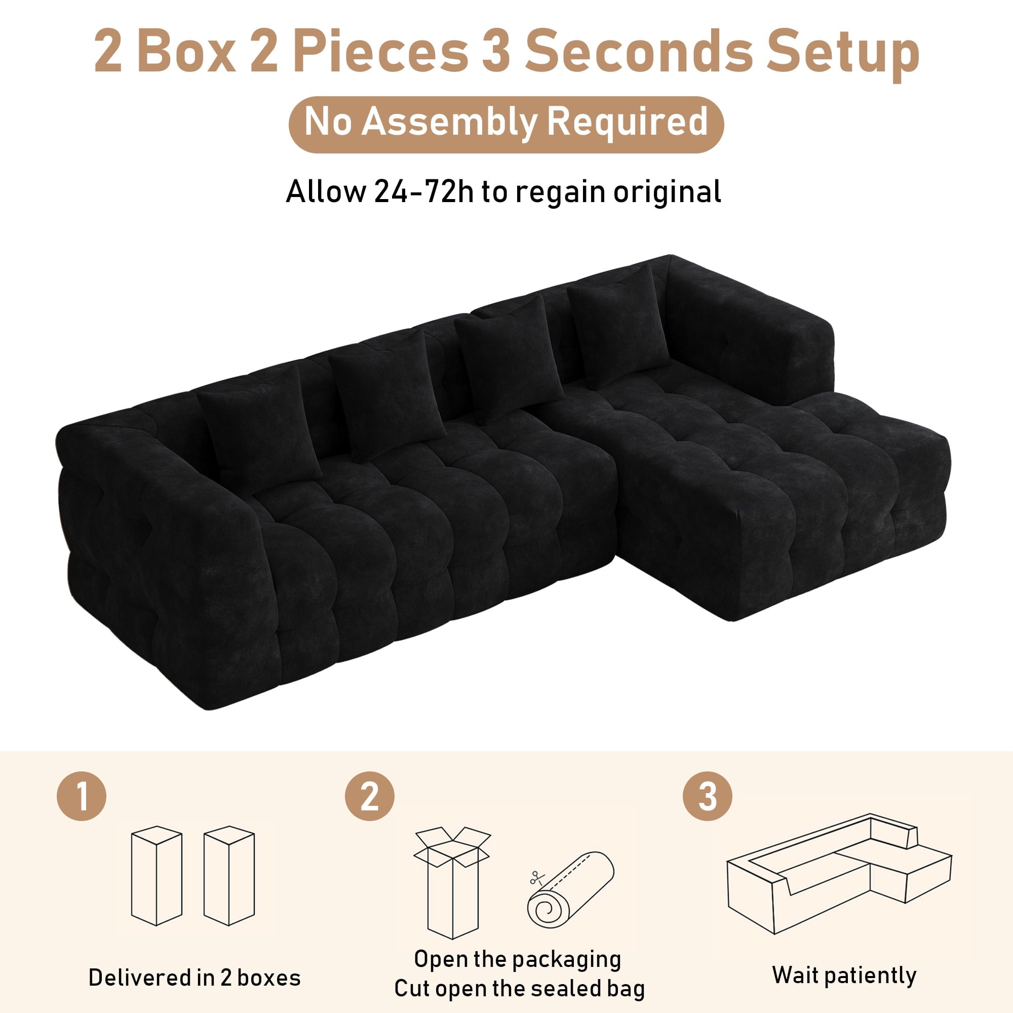 Wiilayok 120" Boneless Oversized Cloud Couch, Right Facing L-Shaped Chenille Sectional Sofa with Chaise Lounge, Deep Seat Upholstered Living Room Sofa with 4 Pillows, No Assembly, Black