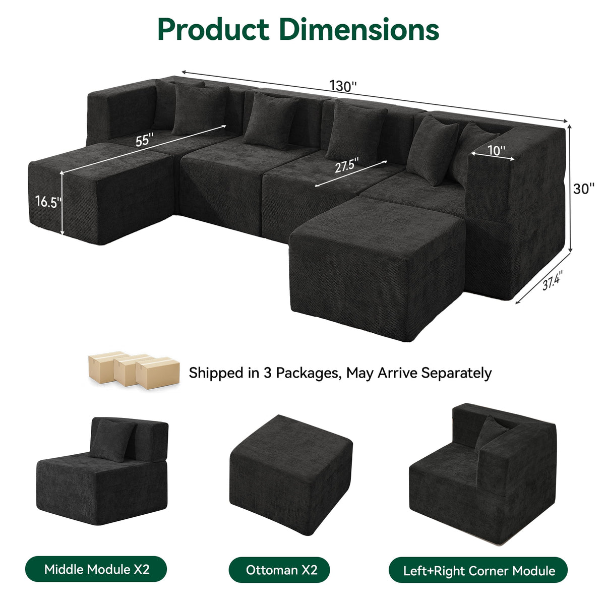  130" 6-Piece Modular Sectional Sofa with 2 Movable Ottomans, U-Shaped Cloud Couch for Living Room, Modern Chenille Deep Seat Sofa Set, Flexible Oversized Sleeper Couches, Black