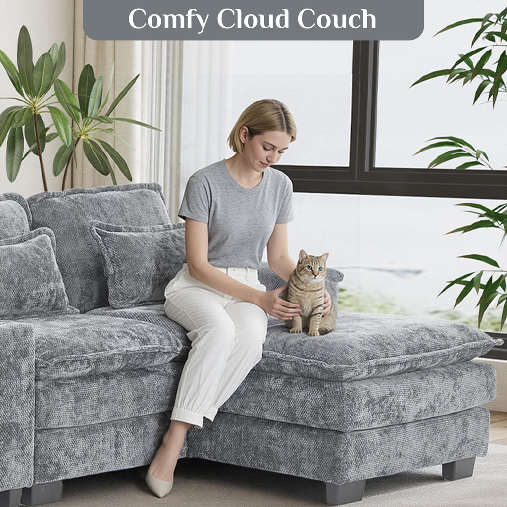 Wiilayok 133" U Shaped Cloud Couch Modular Sectional Couches for Living Room Fluffy Chenille Deep Seat Sofa Set with Double Chaise Lounge, Storage Central Console, Cup Holders, USB Port, Storm Gray