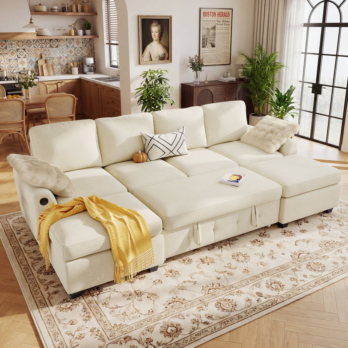  104" Large Modular Sectional Sleeper Sofa with Pull Out Bed, USB Charging & Storage Ottoman, U Shaped Couch for Living Room, Chenille Beige