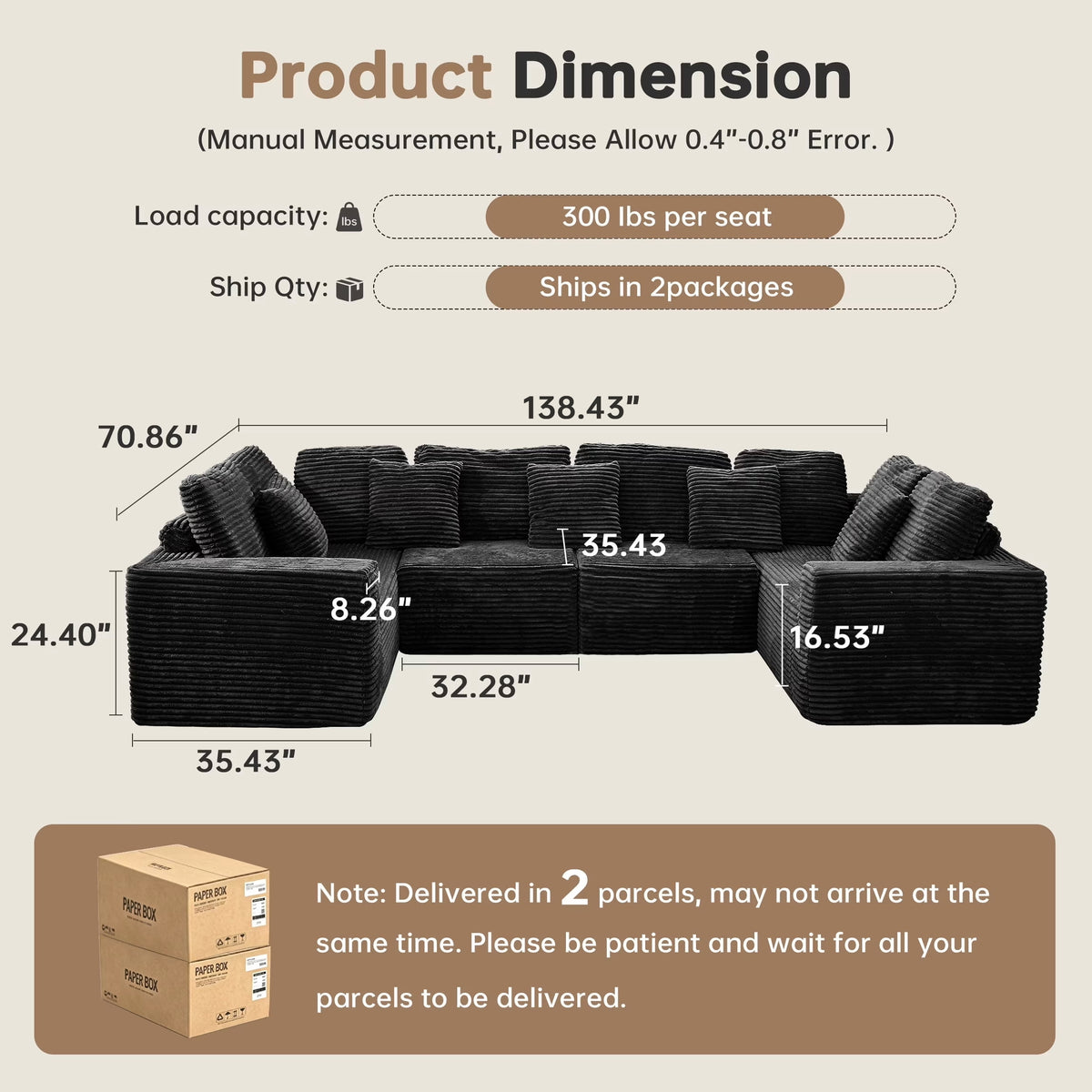  138.5" Sectional U Shaped Couch,Black Sectional Cloud Boneless Sofa For Living Room,Plush Corduroy Couches With Deep Seat Chaise Lounge,No Assembly Required