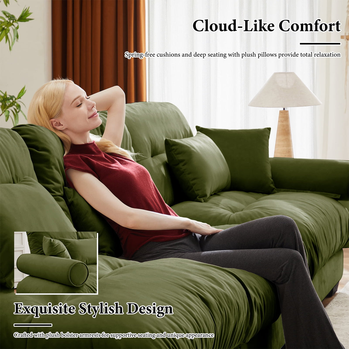 130"Oversized Couch, 3 Seater Modular Sectional Sofa, Olive Green Large U Shaped Sectional Couches for Living Room, Fluffy Couch Set, 3 Seater, Velvet Cloud Couch with Ottoman, Sofas for Living Room