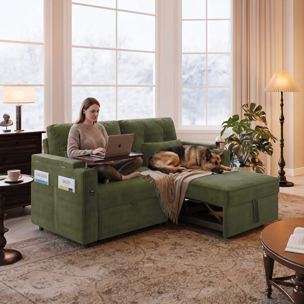 73" Queen Size Sofa Bed, Loveseat Sleeper Sofa with Pull Out Bed, 360° Swivel Table and USB, Modern 2 Seater Convertible Corduroy Couch for Living Room Bedroom Apartment, Green