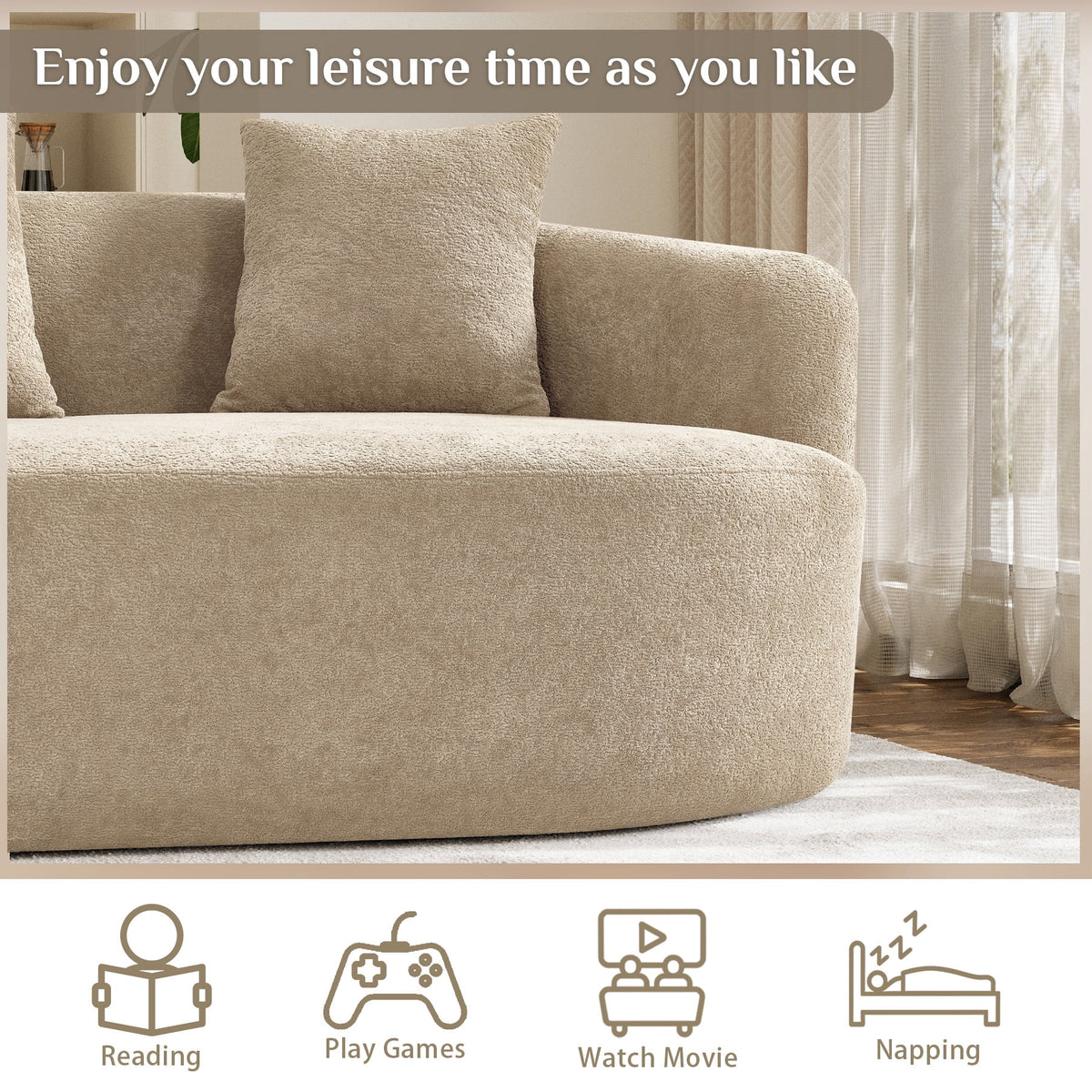 Wiilayok 106.5"Modern Chenille Sofa,Curved Sofa with Deep Seat,Cloud Compression Sofa Couch for Living Room,No Assembly,Light Brown