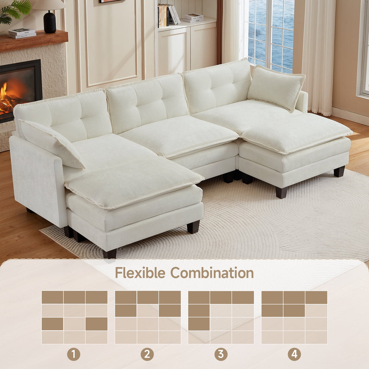 Amsleekey 111.5" U-Shaped Modular Sectional Sofa, Modern Chenille Cloud Couch with 2 Ottomans, Comfy Deep Seat Living Room Furniture, Beige