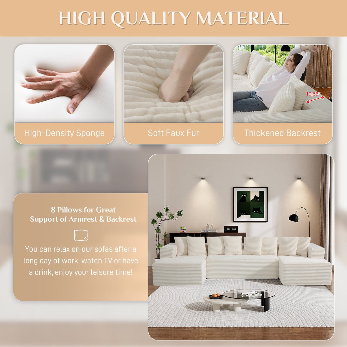Wiilayok U Shaped Sectional Sofa,Modular Cloud Corduroy Sofa Couch with Extra Deep Seat for Living Room Sofa, No Assembly, Beige