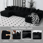  130" Black Sectional Modular Couch, U-Shaped Sofa with Chaise Lounge, Striped Corduroy Upholstered 4-Seater Sofa with Pillow Back and Square Arms