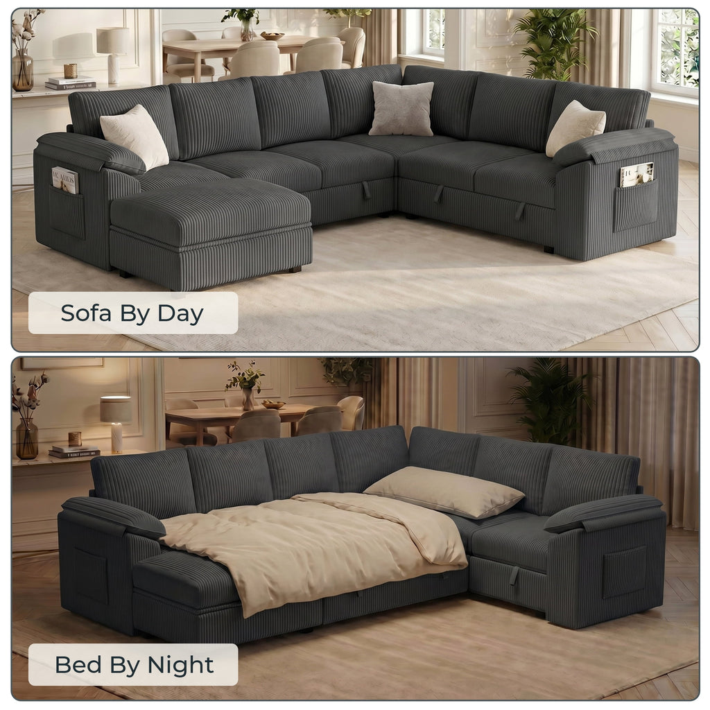 Time Ray 7 Seaters Storage Sectional Sleeper Sofa with Pull Out Bed,Modular Sectional Sofa with Storage Ottoman,Side Pocket,2 Loveseat,Plush Corduroy Sectional Couches for Living Room,Grey