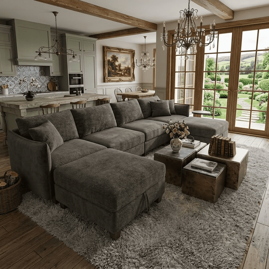  120" Modular Sectional Sofa U Shaped Cloud Couch with 2 Movable Ottomans, 6 Seat Polyester Sofa with Washable Removable Covers for Living Room, Dark Grey