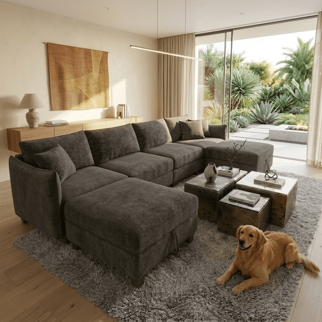 EPOWP Cloud Couch Modular Sectional Sofa 6 Seat 120" U Shaped Convertible Couch Polyester Thick Cushion with 2 Movable Ottomans and Toss Pillows Washable Removable Cover for Living Room,Dark Grey