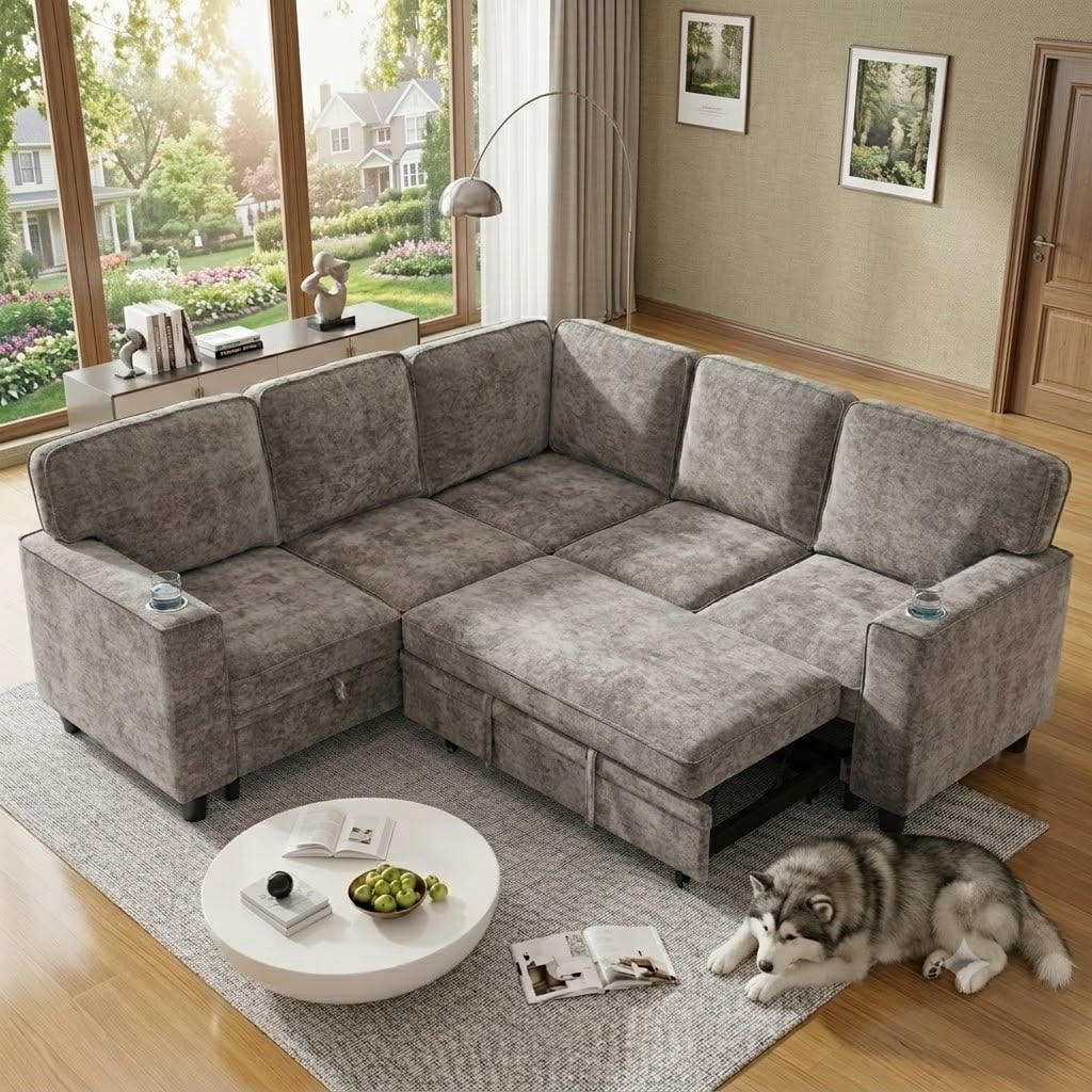  81" Sectional Sleeper Sofa with Pull Out Bed, Modular L-Shaped Chenille Couch with Storage Chaise, USB Charging Ports & Cup Holders for Living Room, Apartment, Light Brown