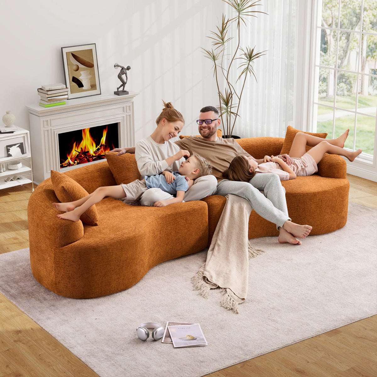 Timbernest 110" Curved Modular Sectional Sofa, 4 Seater Chenille Boneless Couch for Living Room, Playroom, Orange