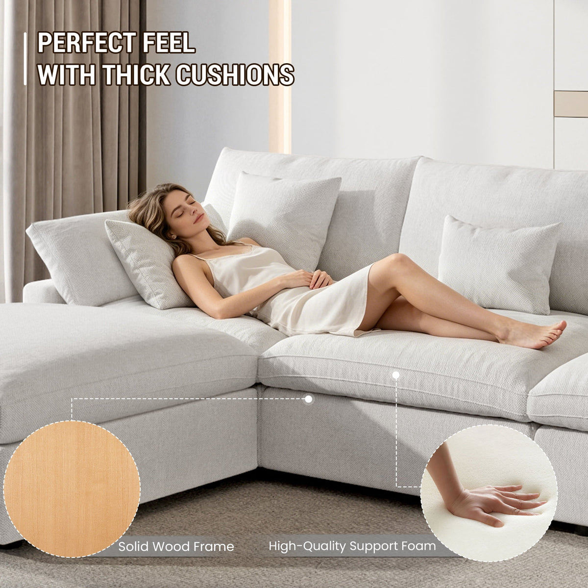 160" Cloud Couch Sectional for Living Room, Down Filled 4 Seater, Convertible Sofa Couch, White