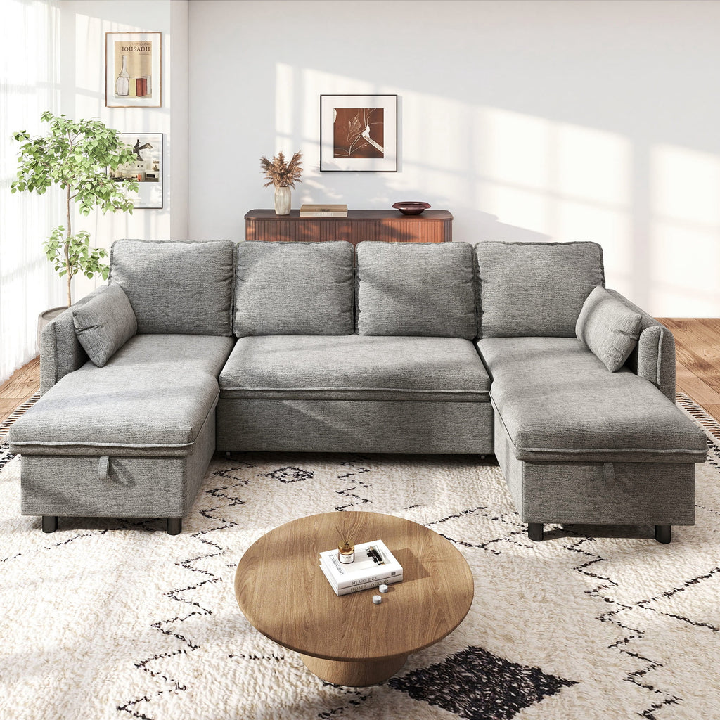 Hombryzy 109" Sectional Sleeper Sofa Bed with Storage Chaise, USB Charging Port, Pull Out Bed & Adjustable Backrest, U Shaped Couch for Living Room, Chenille Gray