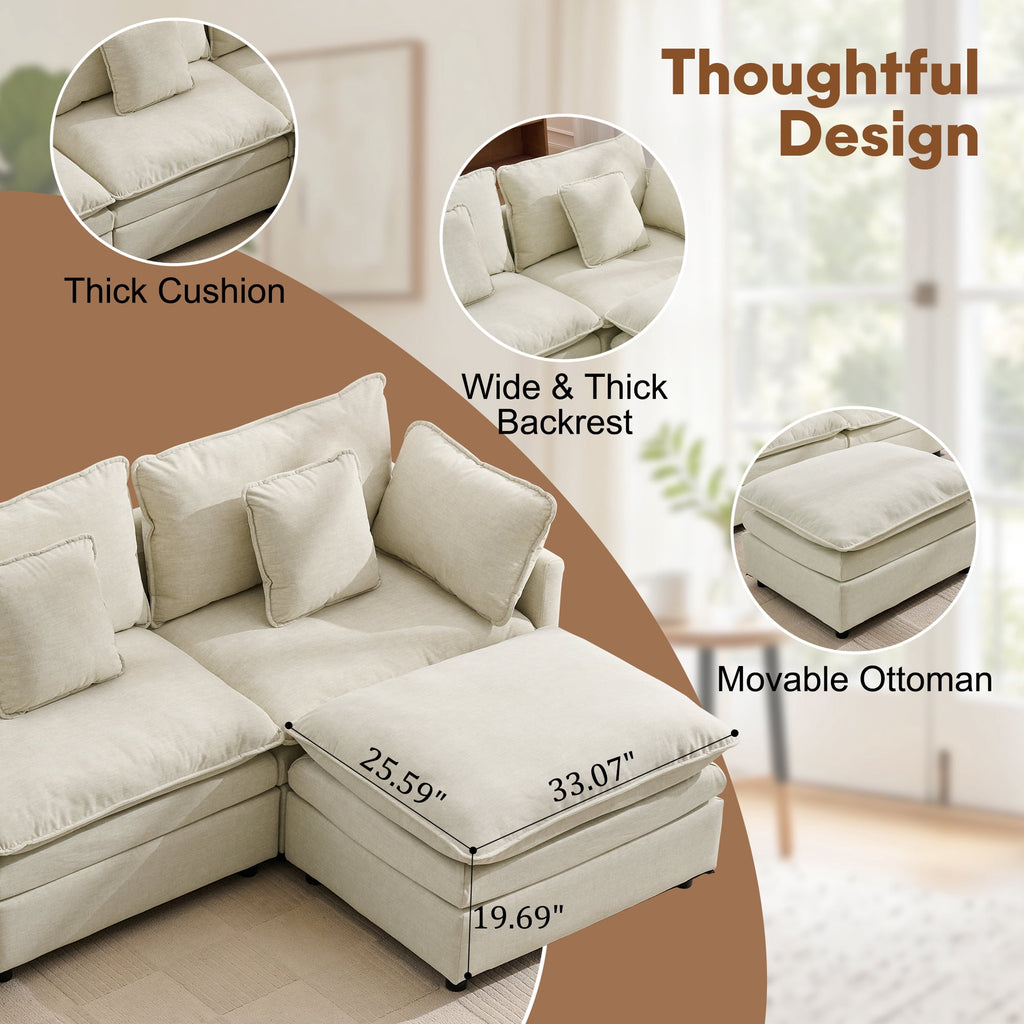 Korser Modular Sectional Cloud Couch with Movable Ottoman,3-Seat Modern Sofa with Pillows,Deep Seat L-Shaped Couch for Living Room,Bedroom,Assembly Required,Beige