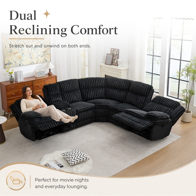 Oversized Power Reclining Sectional Sofa with Drawers, Storage Console, Cup Holders & Type-C Ports, Faux Fur L-Shaped Corner Couch with Recliners for Living Room,Black
