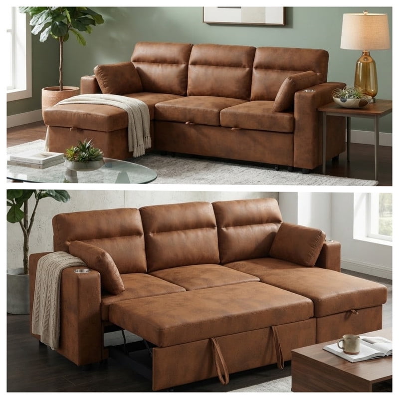 82.5" L-Shaped Convertible Sleeper Sofa, Pull-Out Sectional Sofa Bed with Storage Chaise, Cup Holders & 2 Lumbar Pillows, Modern Sofa Couch for Living Room, Apartment