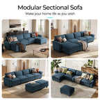 LINSY Home Modular Sectional Sofa for Living Room, U-Shaped Cloud Sofa Couch with Corduroy Fabric, 4 Seater Sofa Couch with 2 Ottomans, Blue