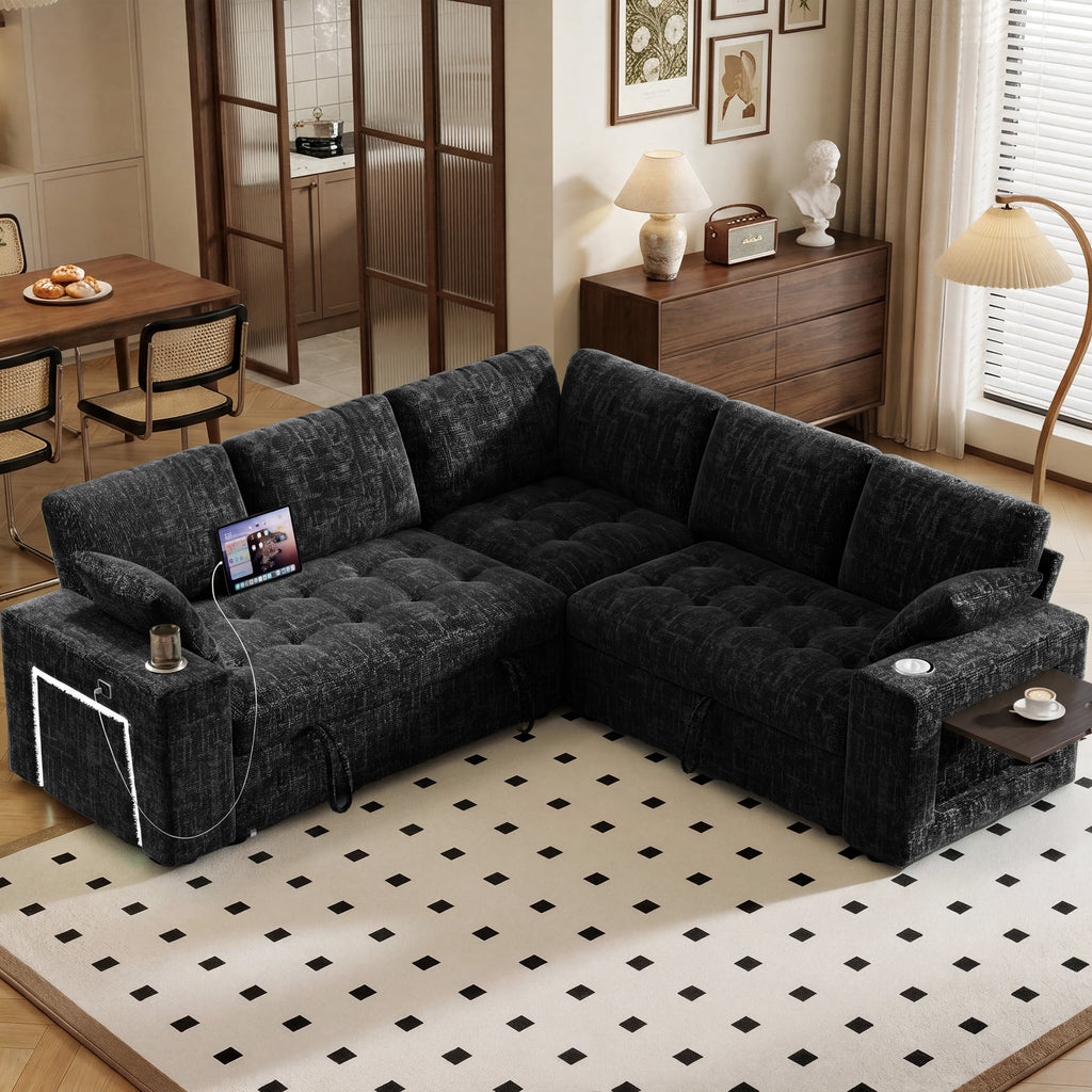 85" Modular Sectional Sleeper Sofa with Pull Out Bed, 5 Seat Chenille L Shaped Couch with USB Ports|Cup Holders|Side Table|Storage Loveseat, Tool Free Assembly,Black