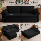 Pull Out Sofa Bed Queen Size, 85" Loveseat Sofa with Movable Ottoman, USB Charging Port, Corduroy Sofa Couch Convertible Sofa Bed for Living Room Black