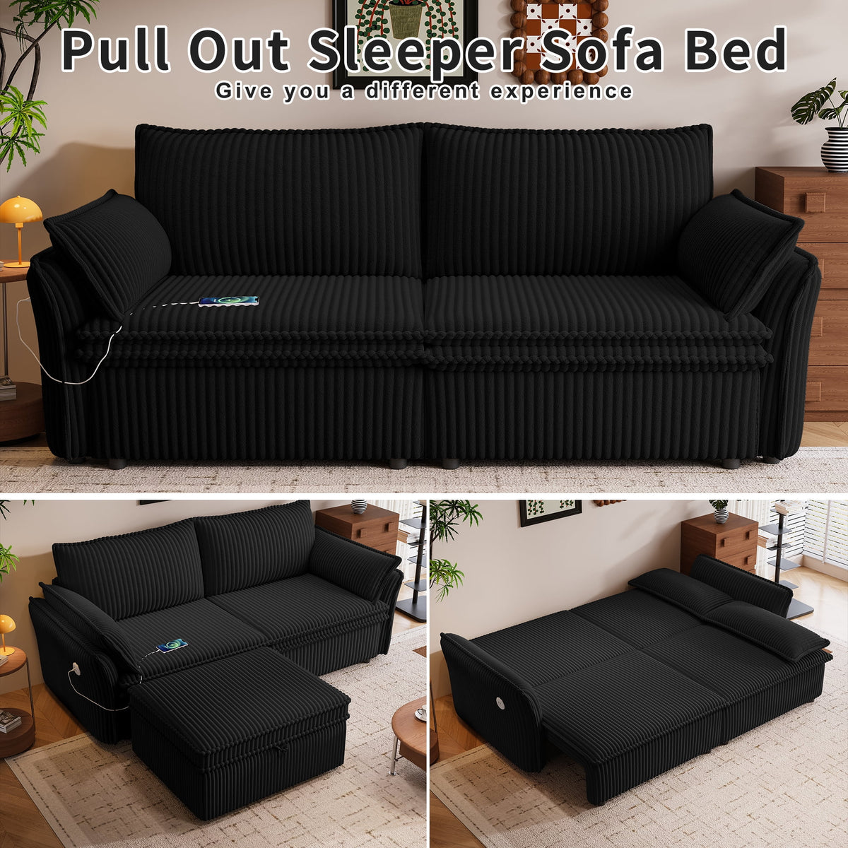  Pull Out Sofa Bed Queen Size, 85" Loveseat Sofa with Movable Ottoman, USB Charging Port, Corduroy Sofa Couch Convertible Sofa Bed for Living Room Black