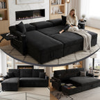 83" Sleeper Sectional Sofa, Comfy Convertible Sofa Bed with Pull Out Couches, Small Desktop, Corduroy L Shaped Couch with Reversible Storage Chaise & USB for Living Room Apartment,Black