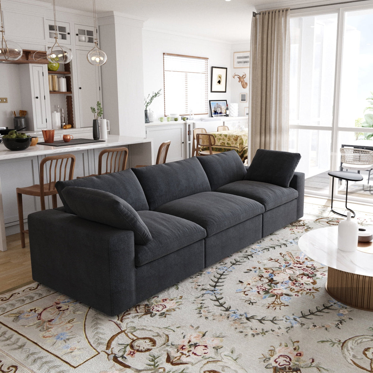 Sdorens Free Convertible Sectional Sofa Modular Couch,Modern Linen Fabric Sofa for Living Room,Apartment and Small Space,3-Seat Sofa,Black