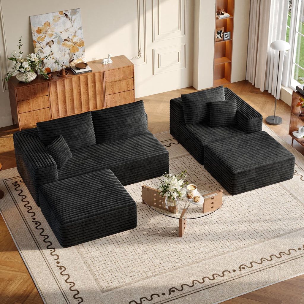 Pionex 108" Sectional Couch with Ottoman, Cloud Modular Boneless Couch, Deep Seat U-Shaped Sofa, Upholstered 3-Seater Sofas for Living Room, No Assembly Required