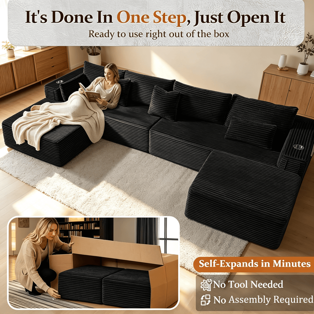 Rwcoet 108"Modular Cloud Sectional Sofa with Chaise,Extra Deep Seat Corduroy Couch,Memory Foam,No Assembly,Living Room & Apartment,Black