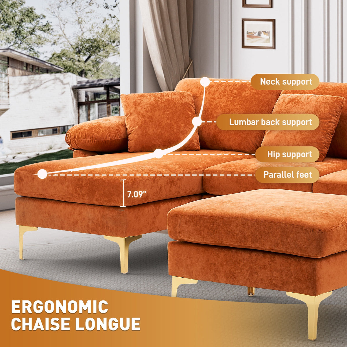 Wiilayok U Shaped Sectional Sofa,Velvet Modular 4 Seat Sofa Couch,114 inch L-Shaped Couch Set with Chaise Lounge, Ottoman& Pillows for Living Room,Orange