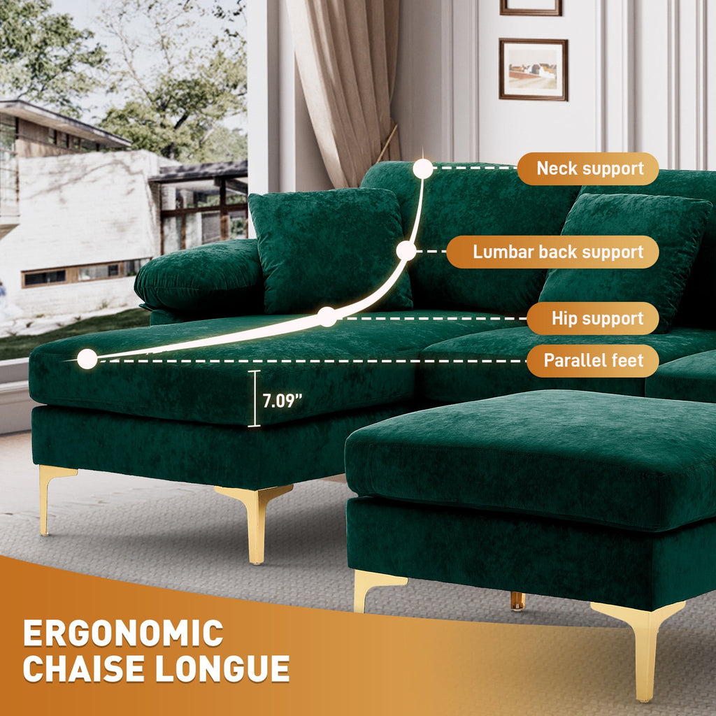 Wiilayok 114" U-Shaped Sectional Sofa,Velvet Modular 4 Seat Sofa Set for Living Room,Convertible L Shaped Sofa Couch Set with Chaise Lounge, Ottoman and Pillows