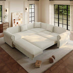FFH 88.2" Sectional Sofa with Pull Out Bed, Convertible Sleeper Sofa, 5 Seater Chenille Couch for Living Room, Beige